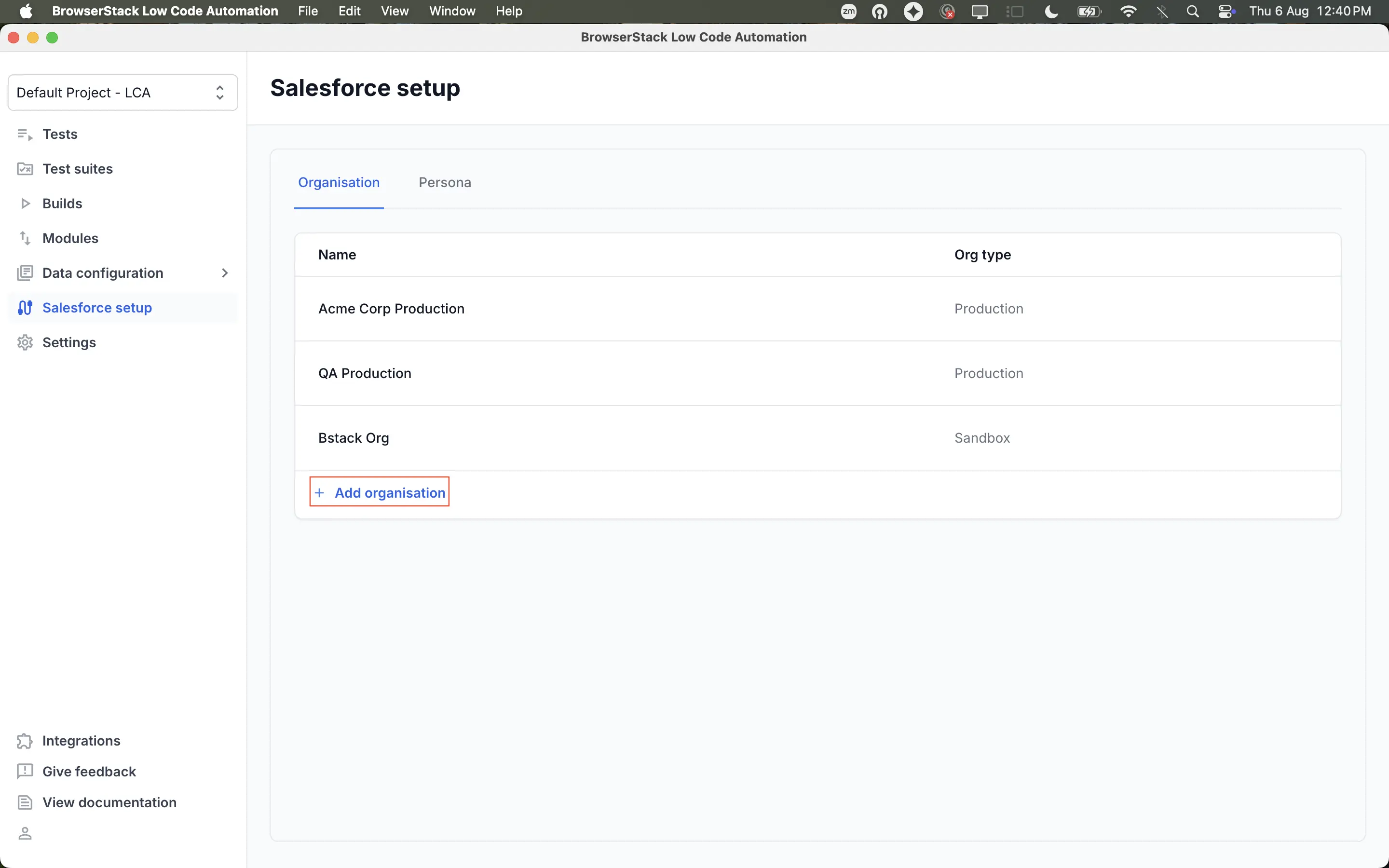 The Organisation tab on the Salesforce setup page with the Add organisation option highlighted