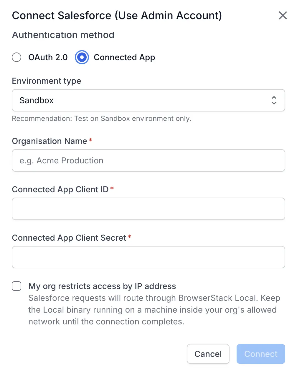 The Connect Salesforce dialog with Connected App selected as the authentication method.