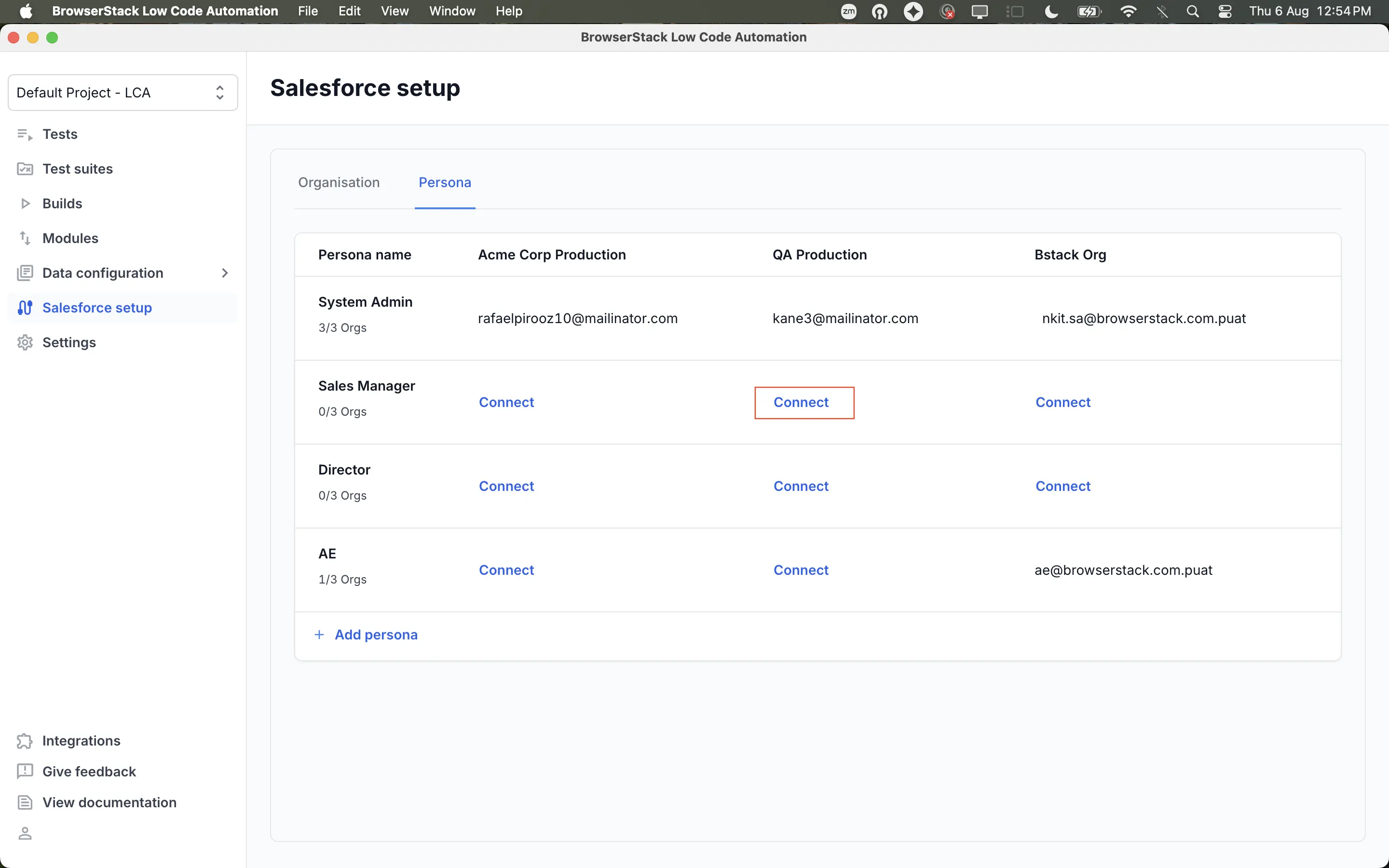 The Persona tab with the Connect option highlighted for the Sales Manager persona in the QA Production organization