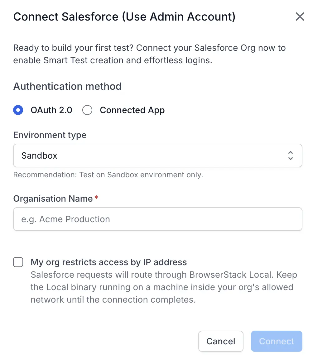 The Connect Salesforce dialog with OAuth 2.0 selected as the authentication method.