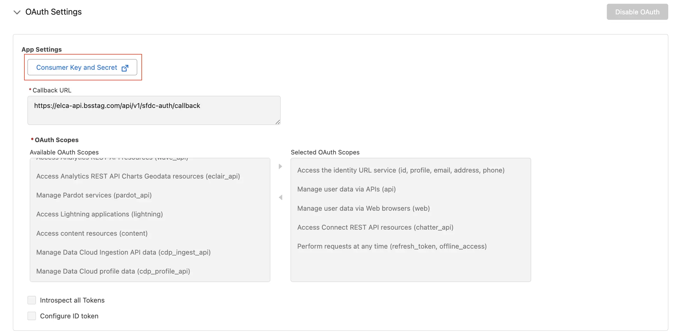 The OAuth settings with the Consumer Key and Secret button highlighted