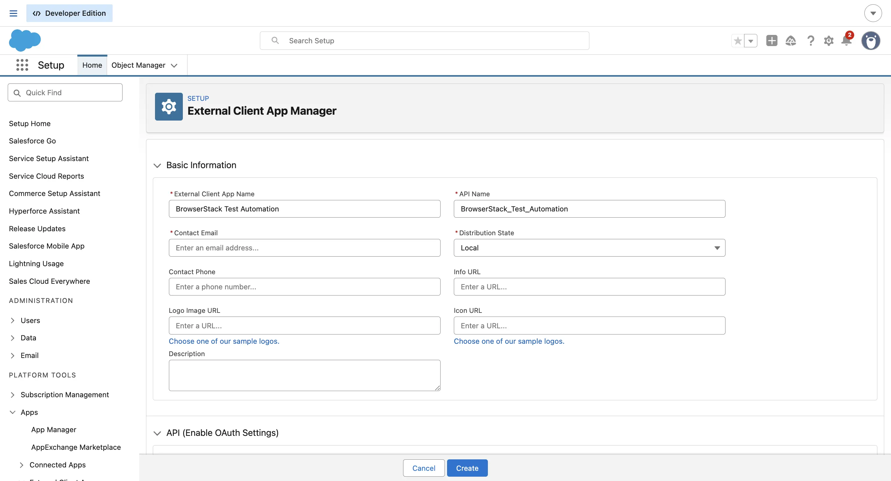 The New External Client App form showing the app name and contact email fields