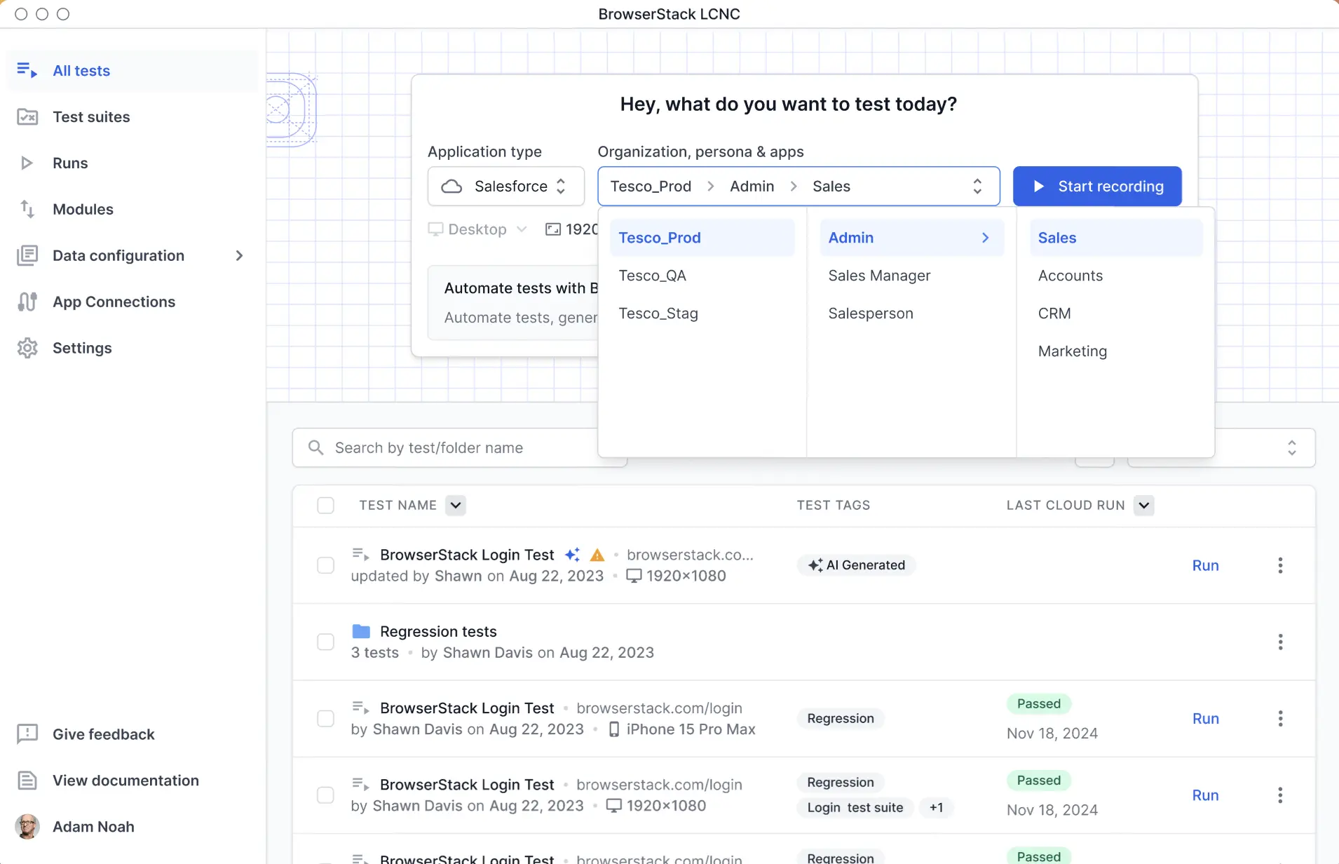 The Organization, persona and apps drop-down showing the cascading selection of organization, persona, and app