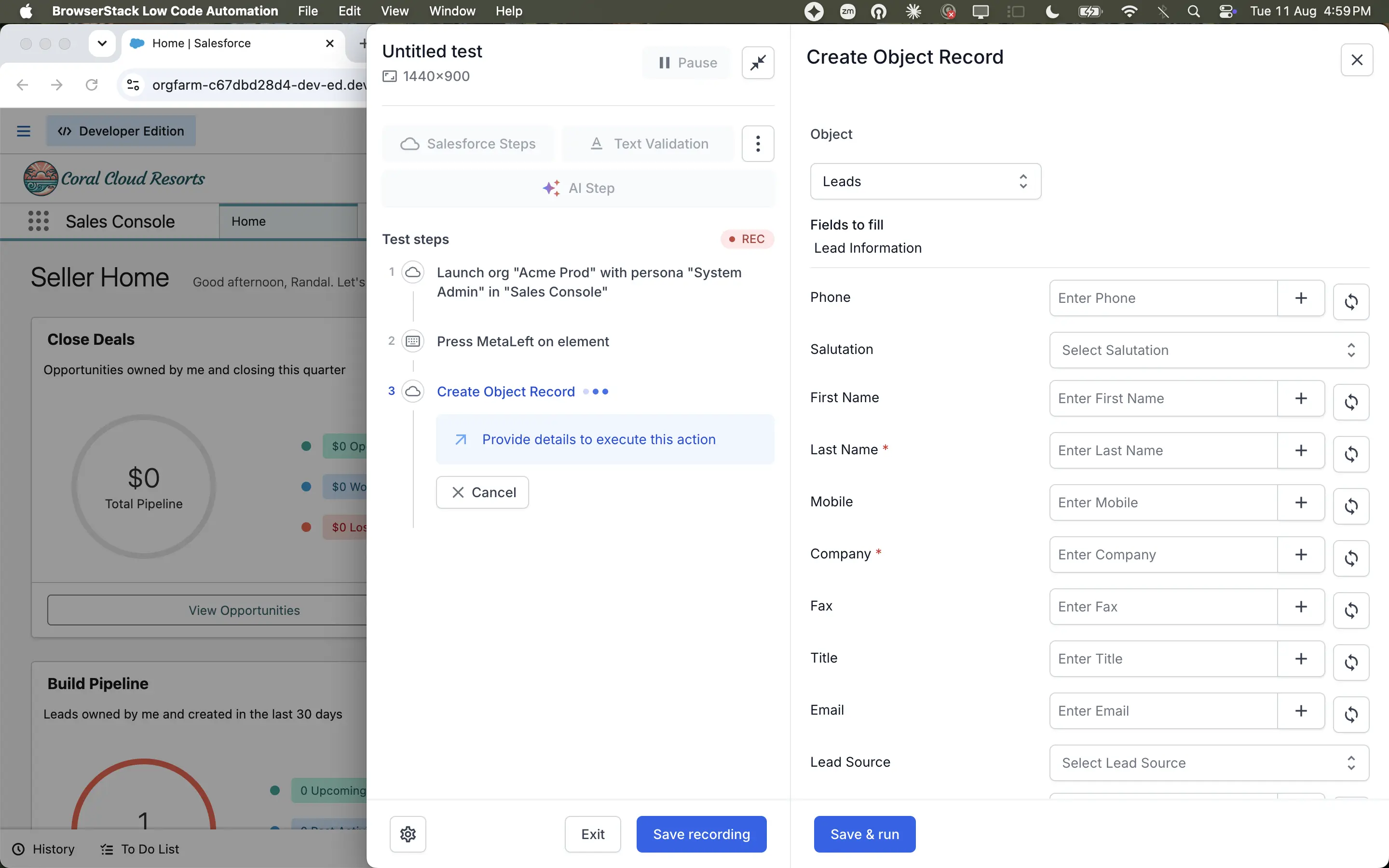 The Create object panel with the Object drop-down and information form fields