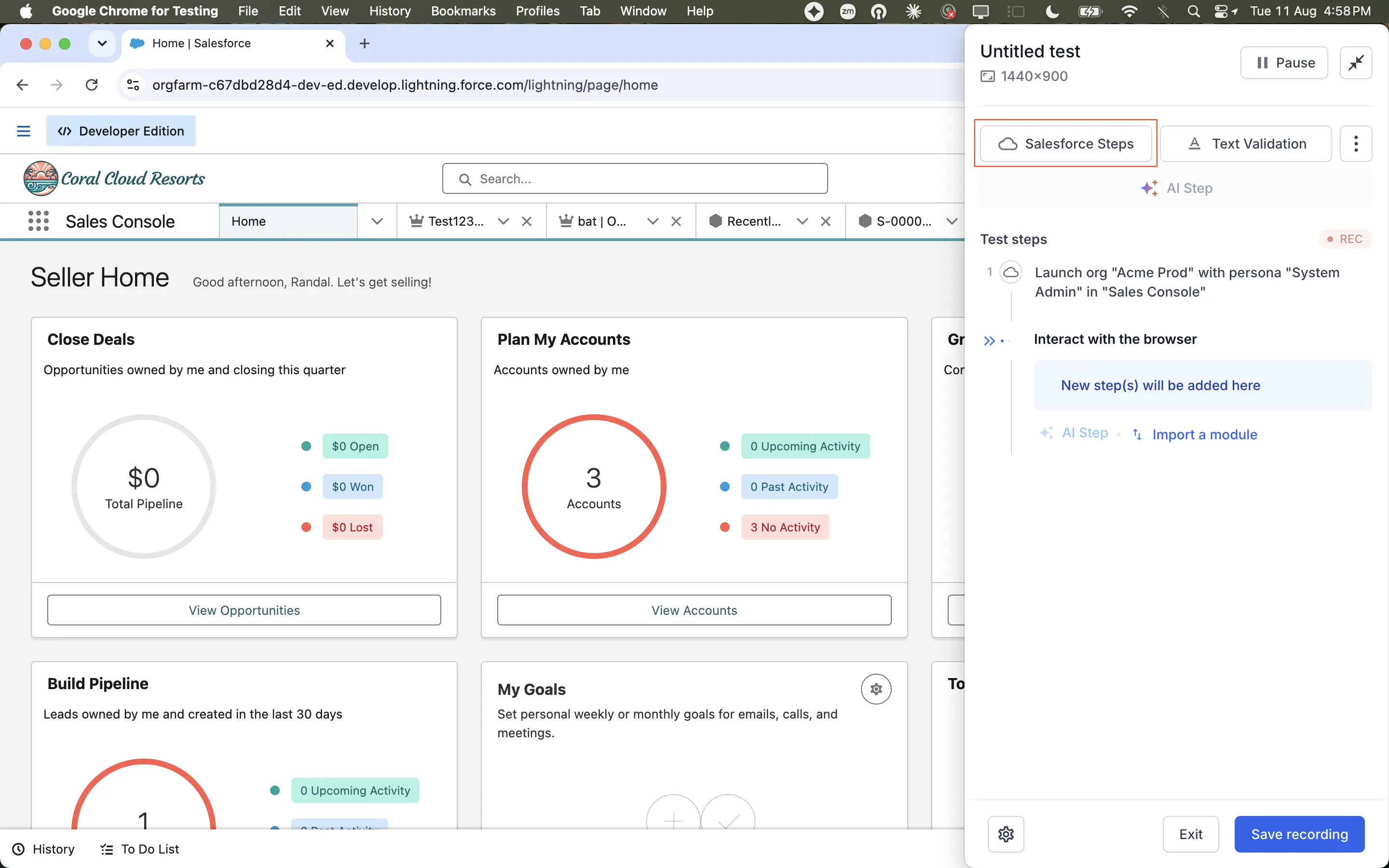 The recorder panel with the Salesforce Step button and the list of recorded test steps