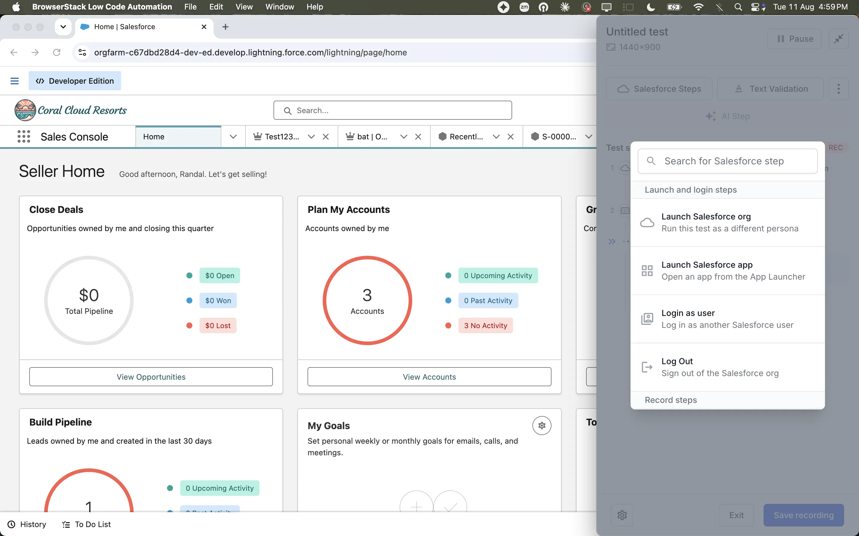 The Salesforce step list showing object related steps and launch steps