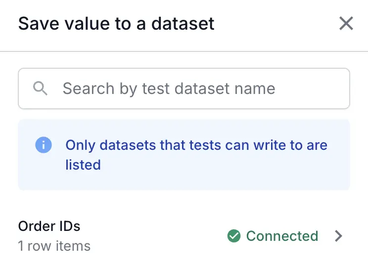 Save value to a dataset dialog with one dataset marked as Connected