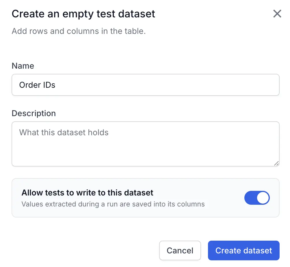 Create an empty test dataset dialog with the Allow tests to write to this dataset toggle turned on