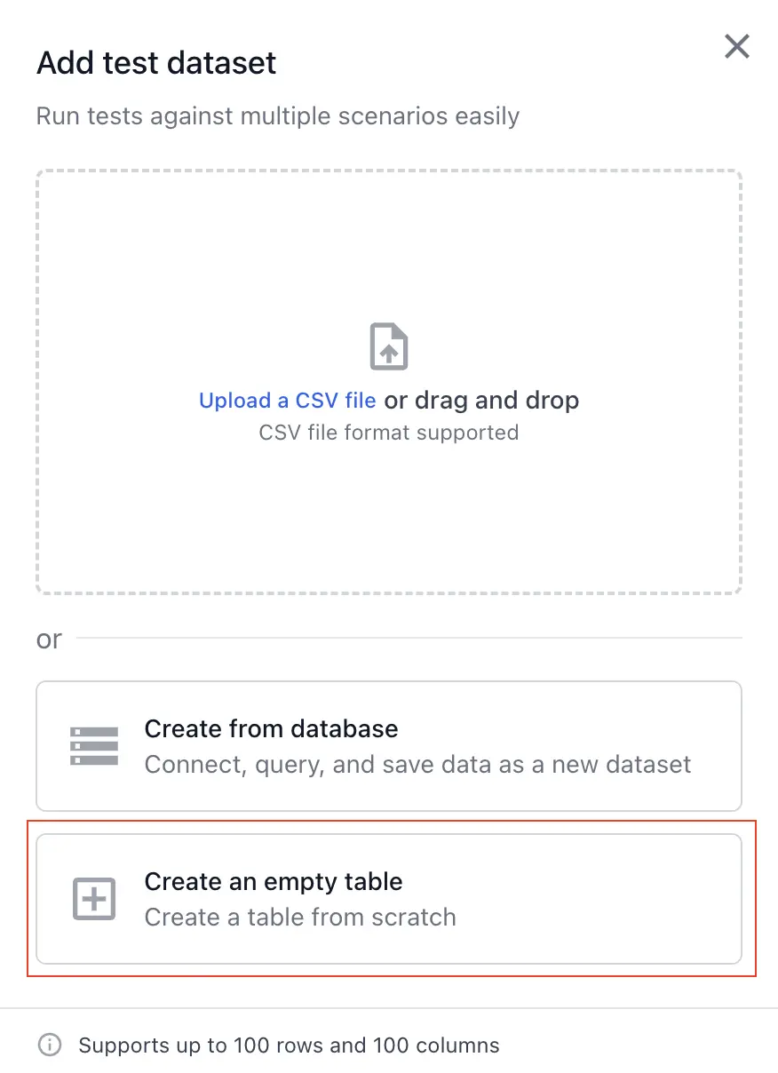 Add test dataset dialog with options to upload a CSV file, create from database, or create an empty table