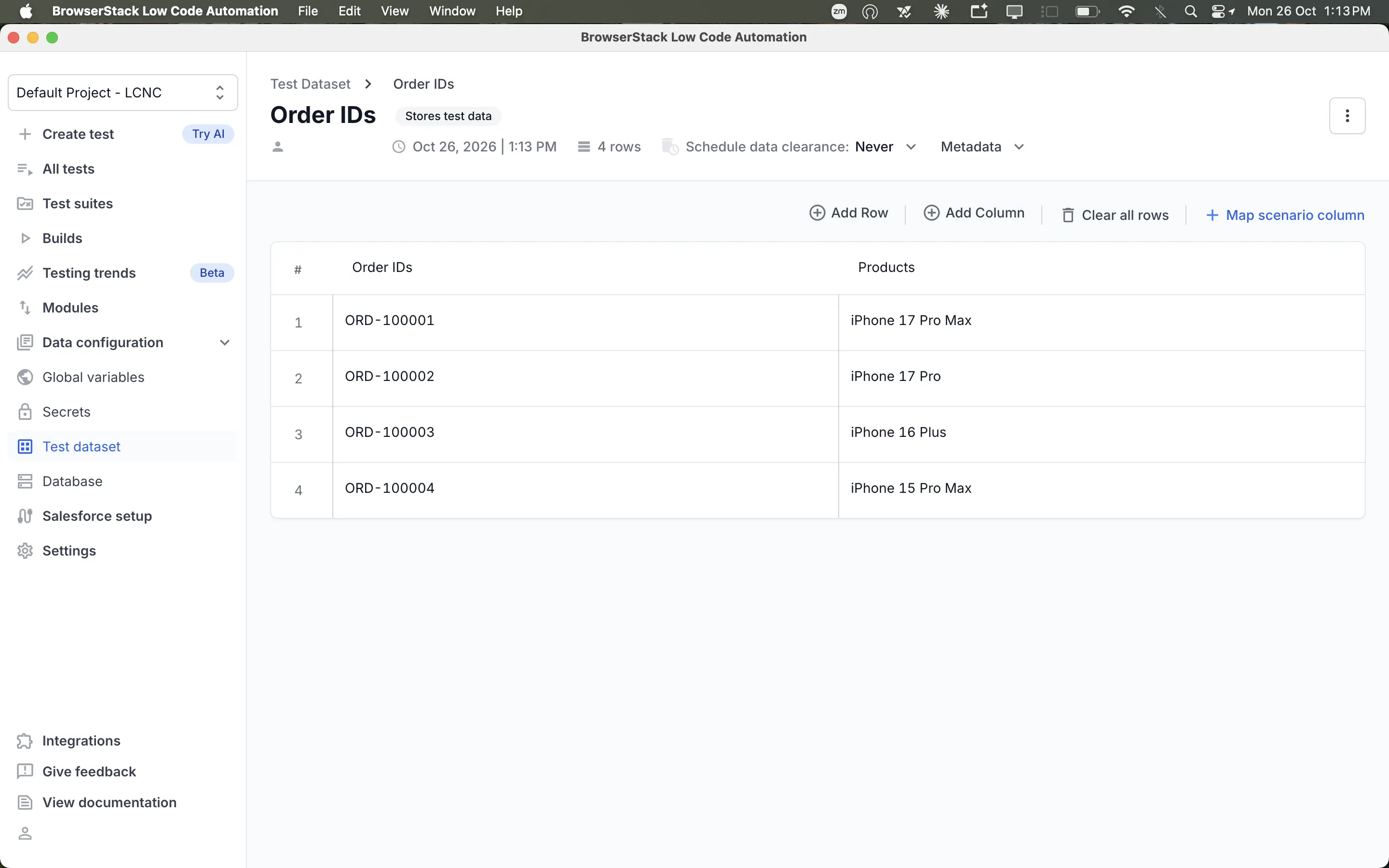 Order IDs test dataset with the Stores test data label and four rows of saved order IDs and products