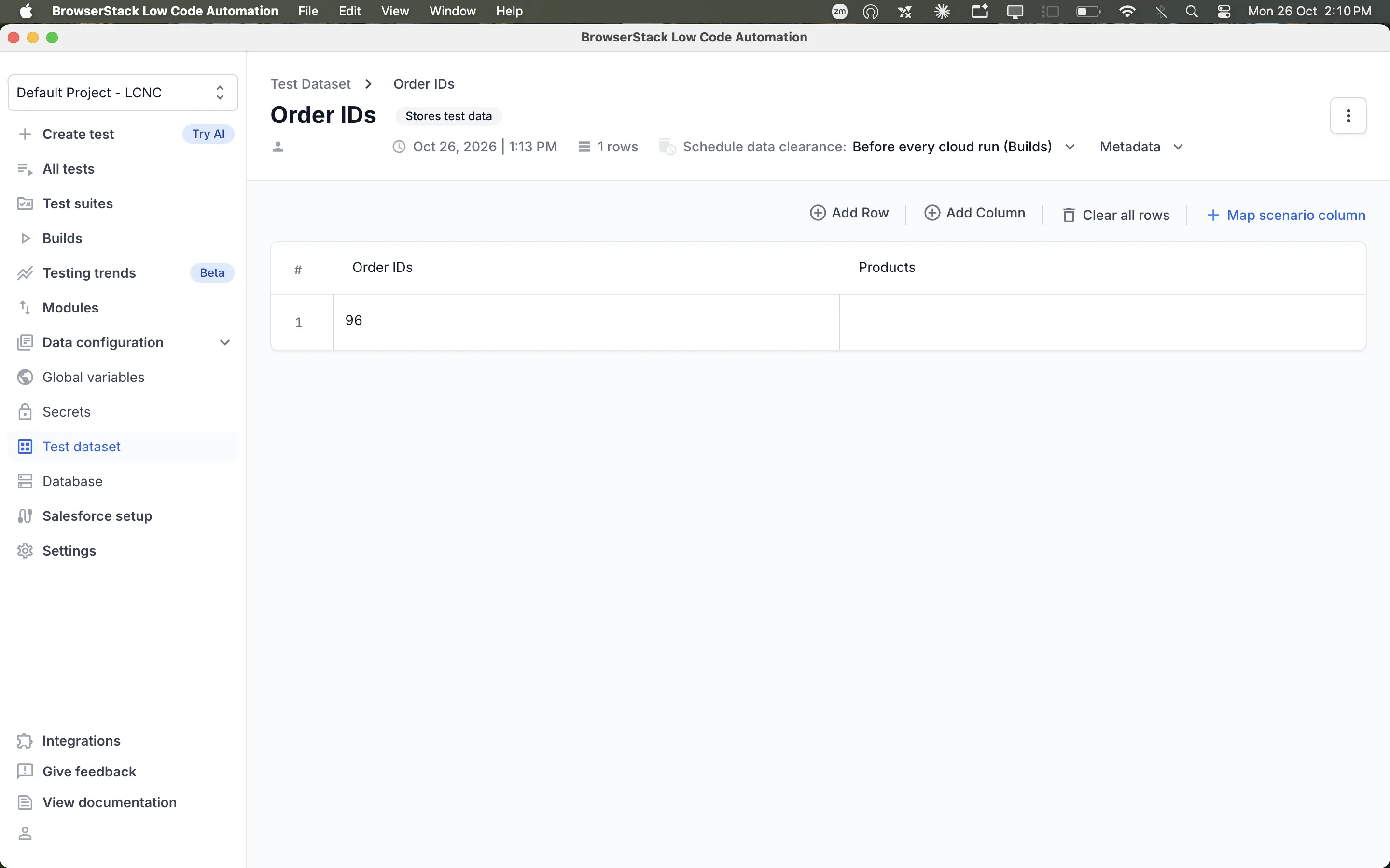 Test dataset page showing two rows of values saved by a cloud run