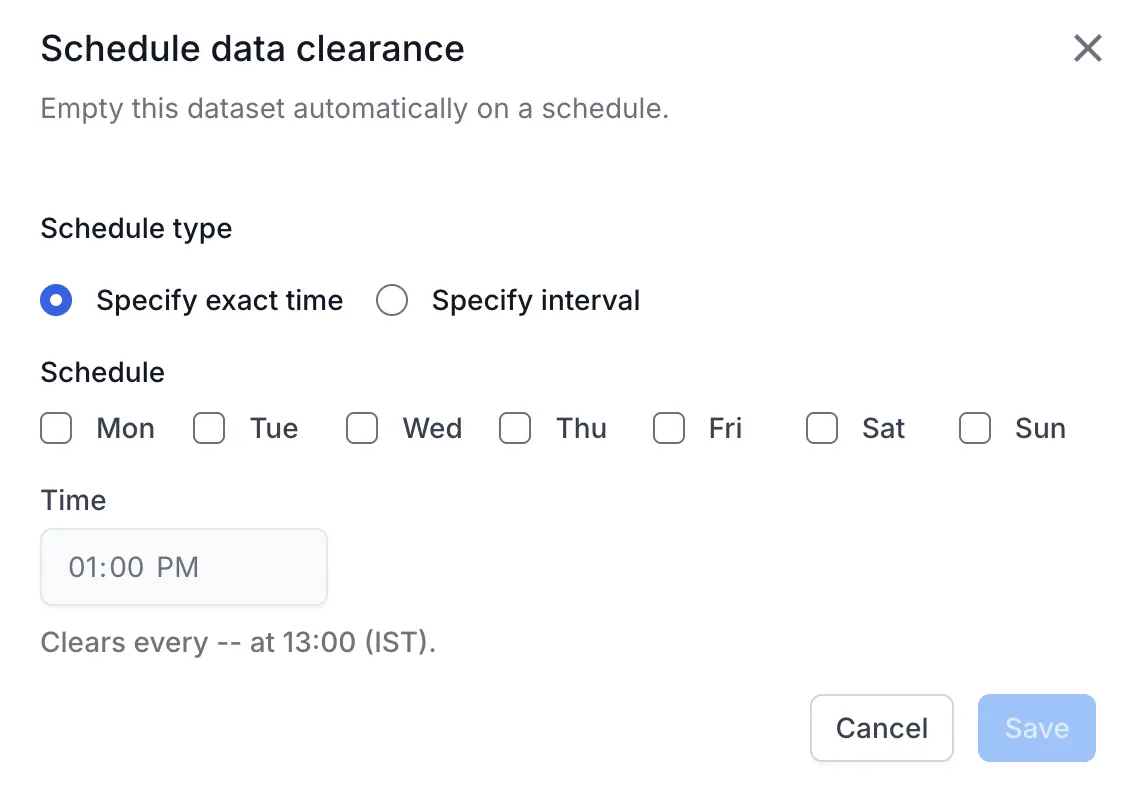 Schedule data clearance dialog with the Specify exact time option, weekday checkboxes, and a time field