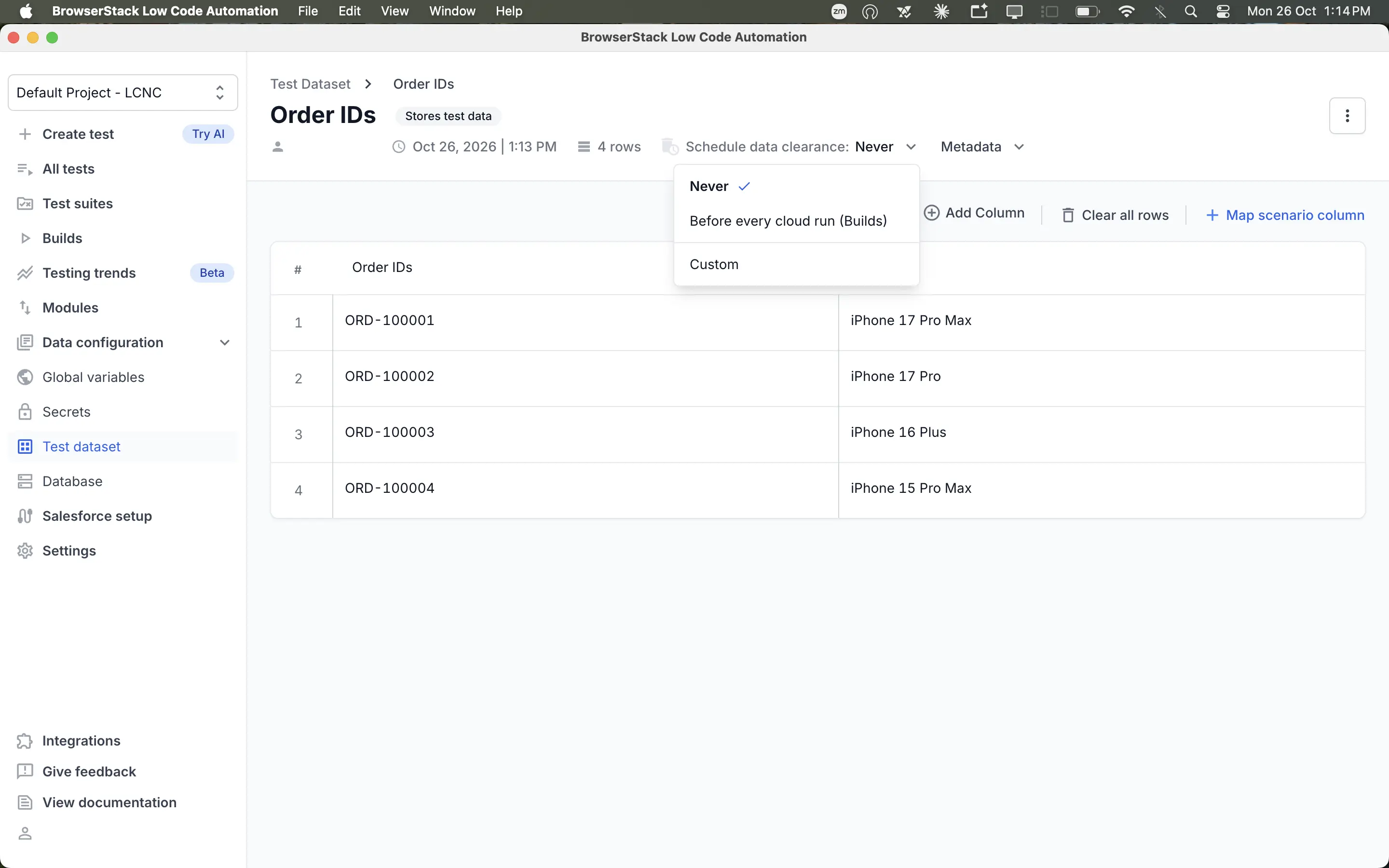 Schedule data clearance drop-down menu with the Never, Before every cloud run (Builds), and Custom options