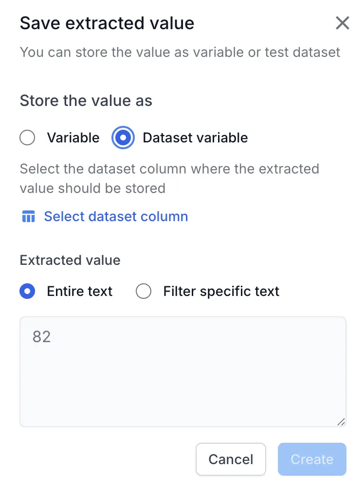 Save extracted value dialog with Dataset variable selected and the Select dataset column link