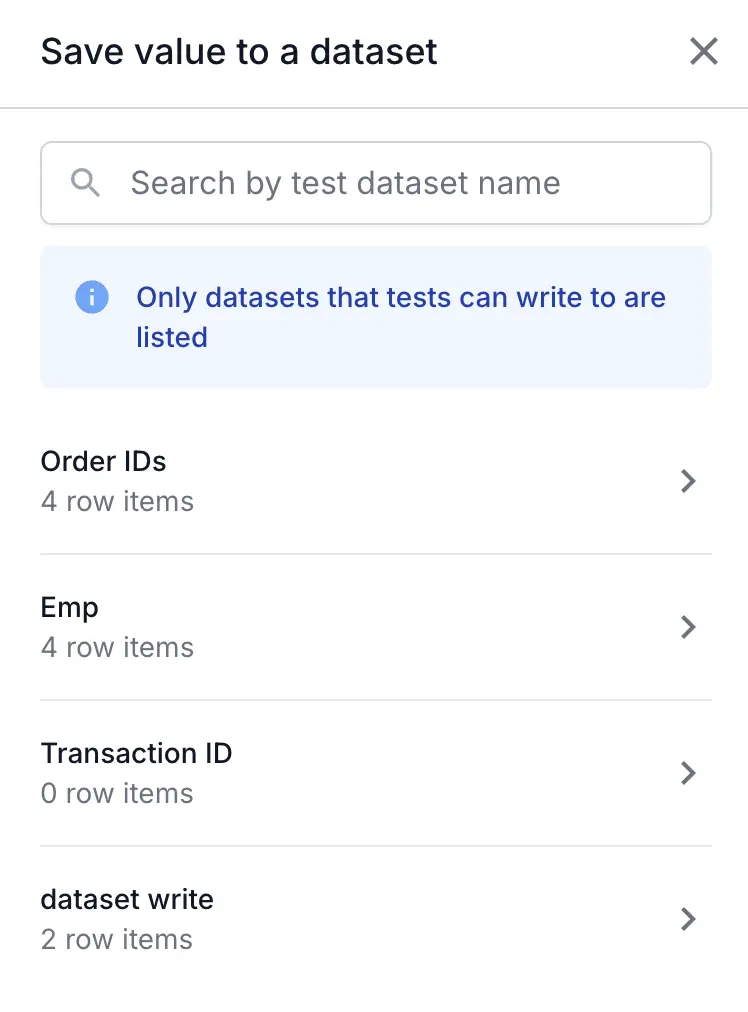 Save value to a dataset dialog listing writable test datasets with their row counts