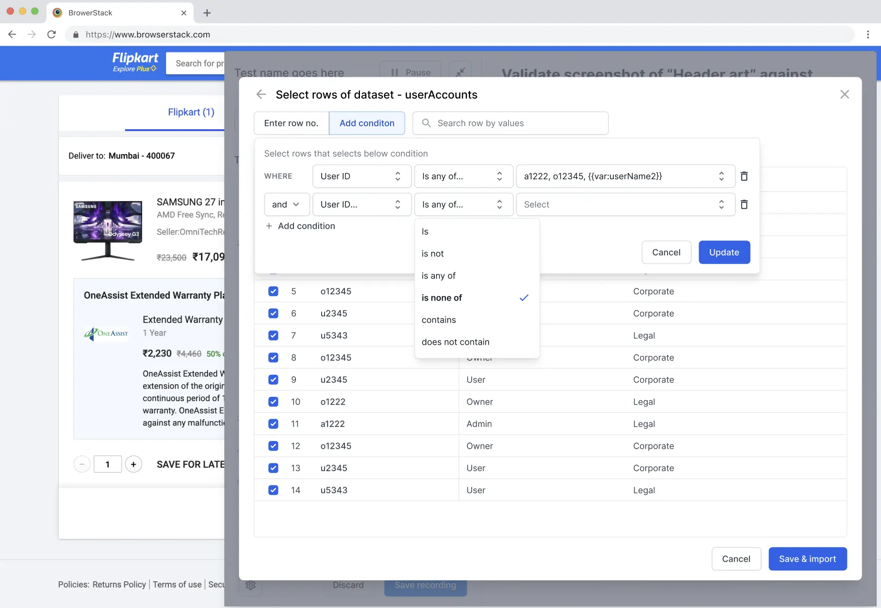 Add condition dialog with filter options for User ID, Account role, and Team. Multiple values can be selected for each filter.