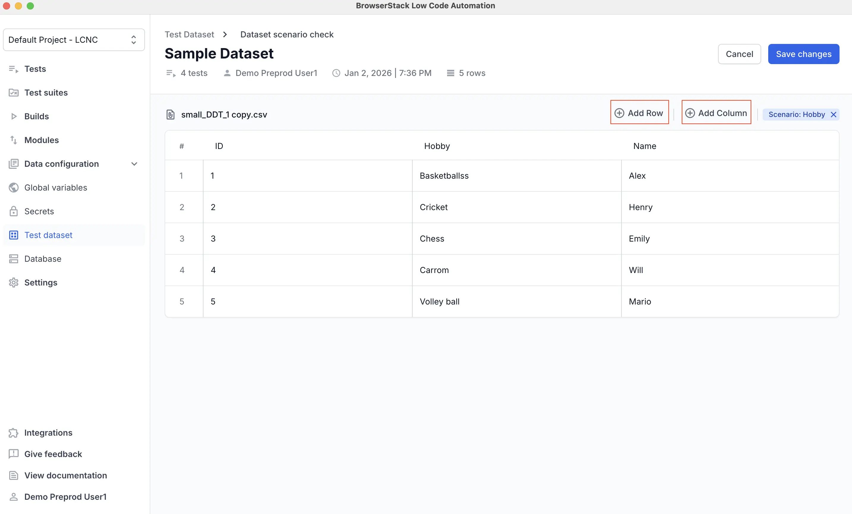 Test dataset management interface showing options to add rows, add columns, and map scenario columns, with a data table containing ID, Hobby, Name, and new col 4 columns