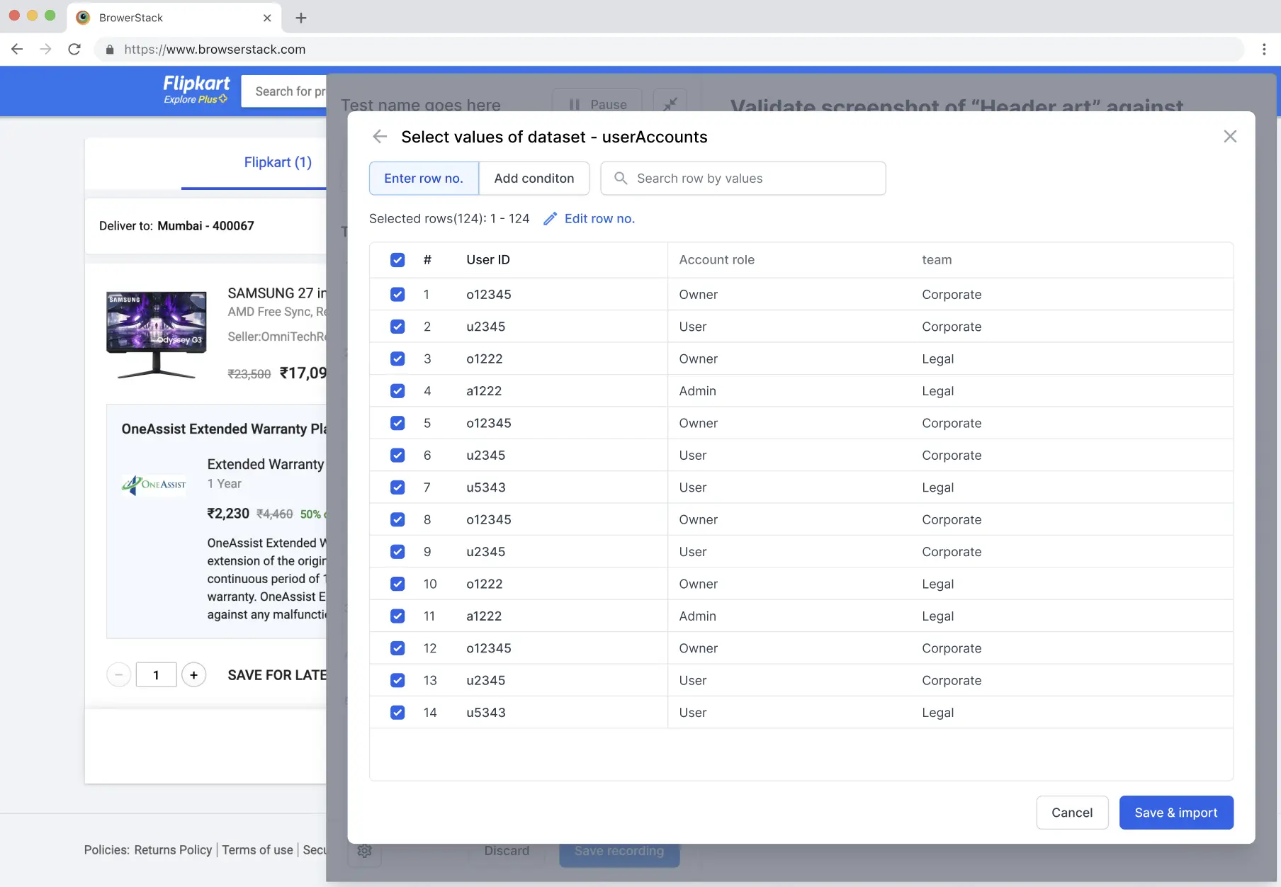 Select values of dataset dialog showing rows with checkboxes and columns such as User ID, Account role, and team. All selected rows are highlighted.