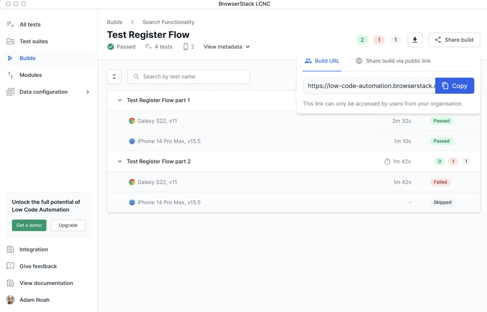Screenshot showing the Copy private URL button on the Builds page