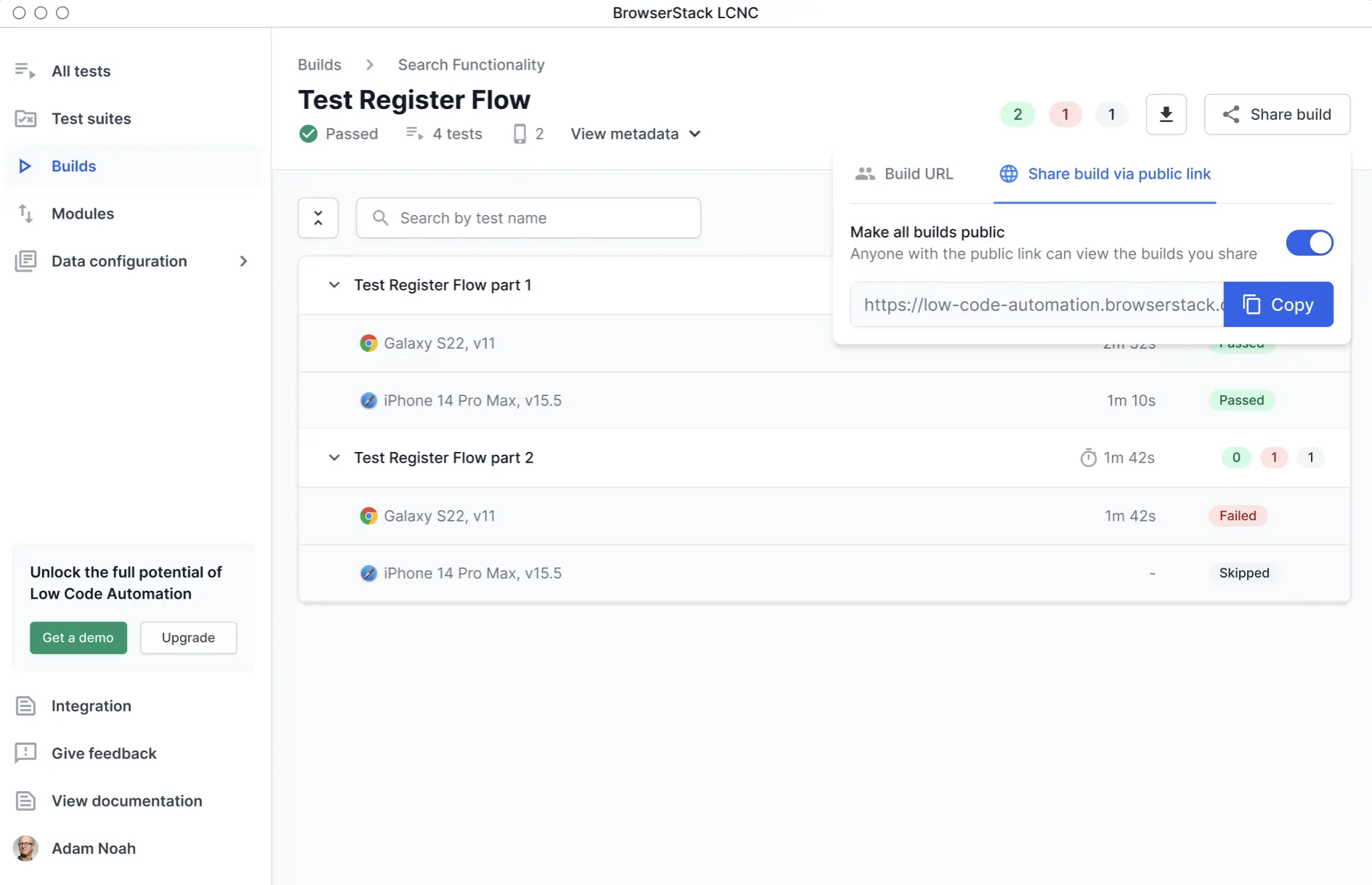 Screenshot showing the Copy public URL button on the Builds page