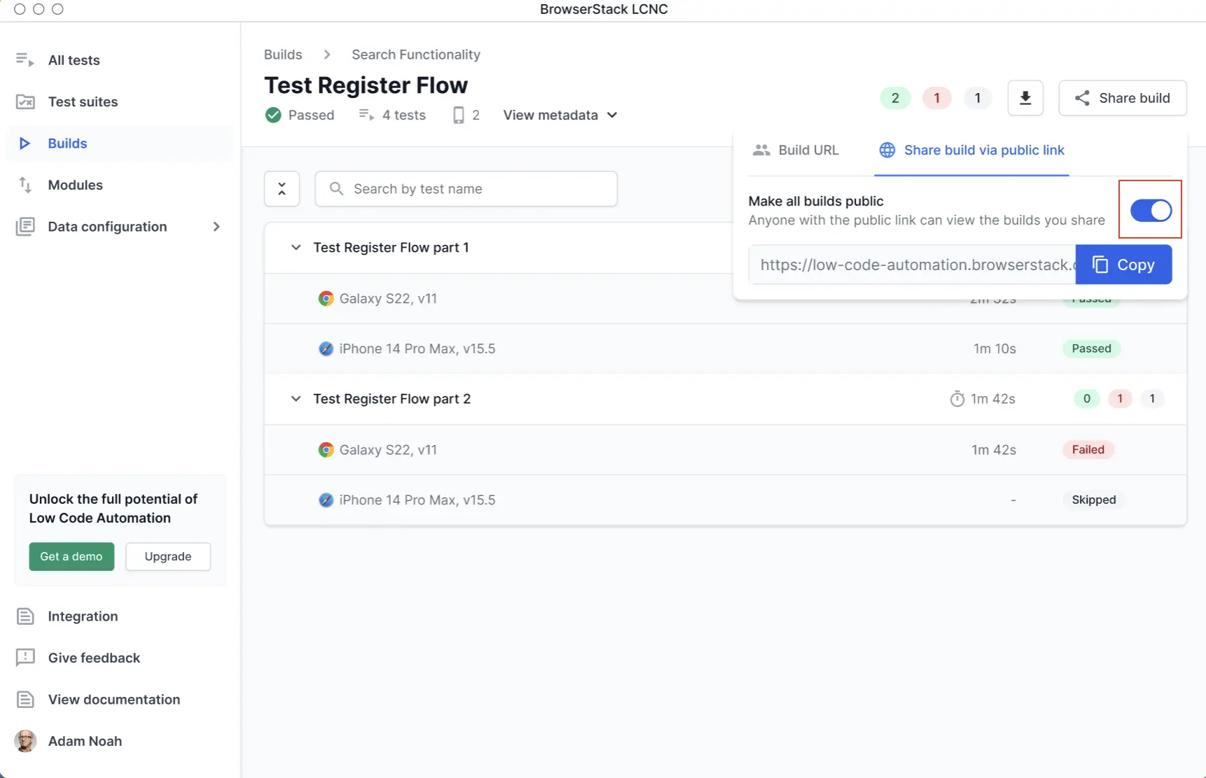 Screenshot of Builds page showing public sharing toggle.