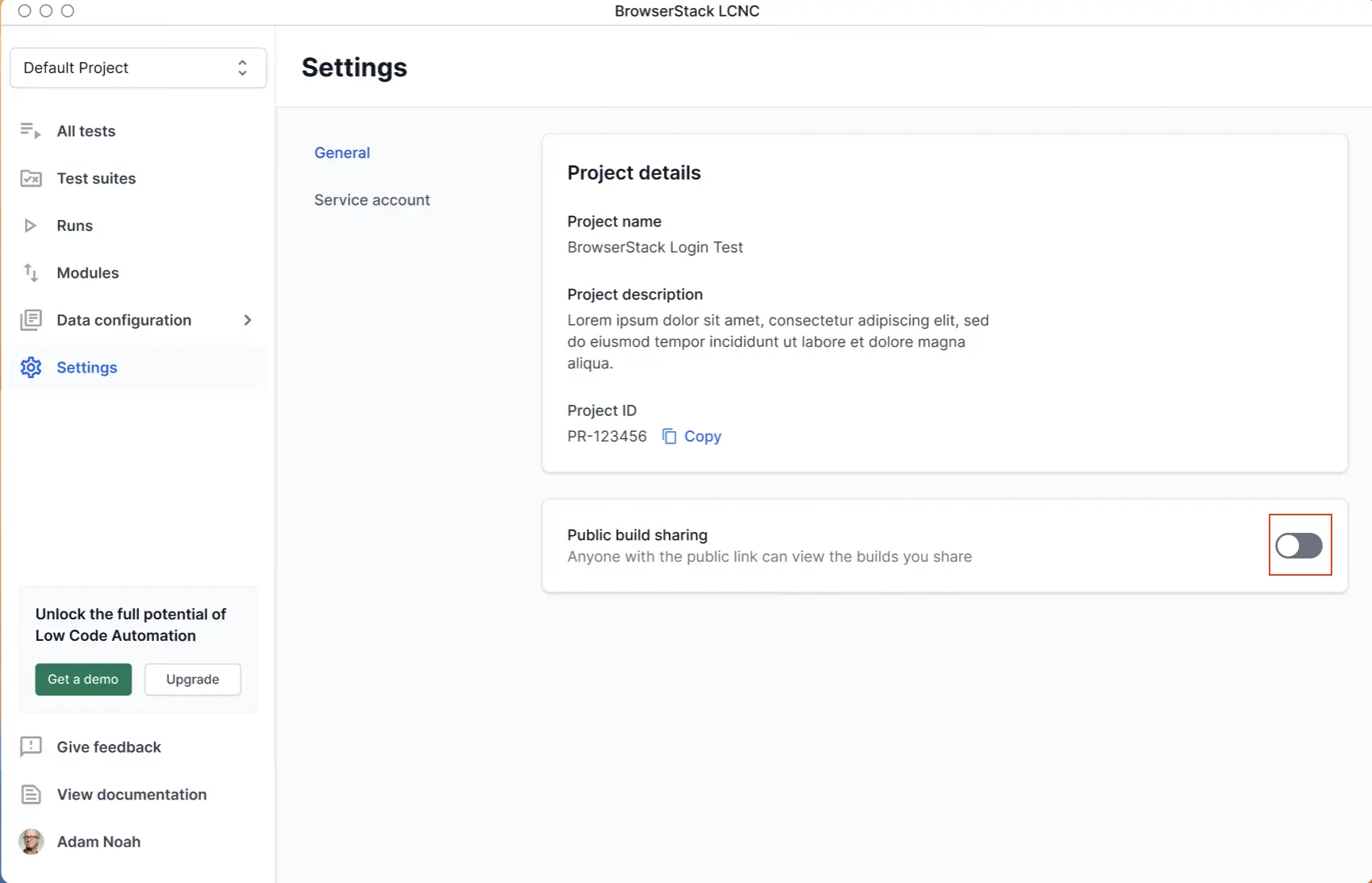 Settings page with public build sharing toggle highlighted.