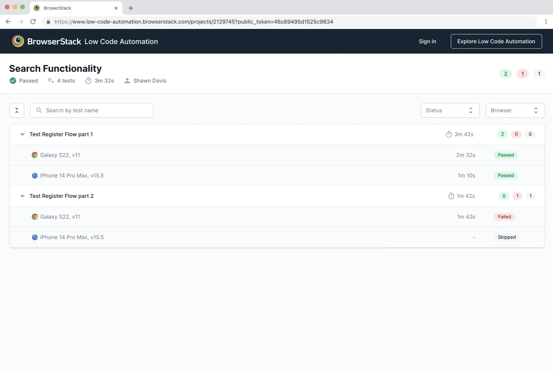 Screenshot of build report accessed via shareable URL