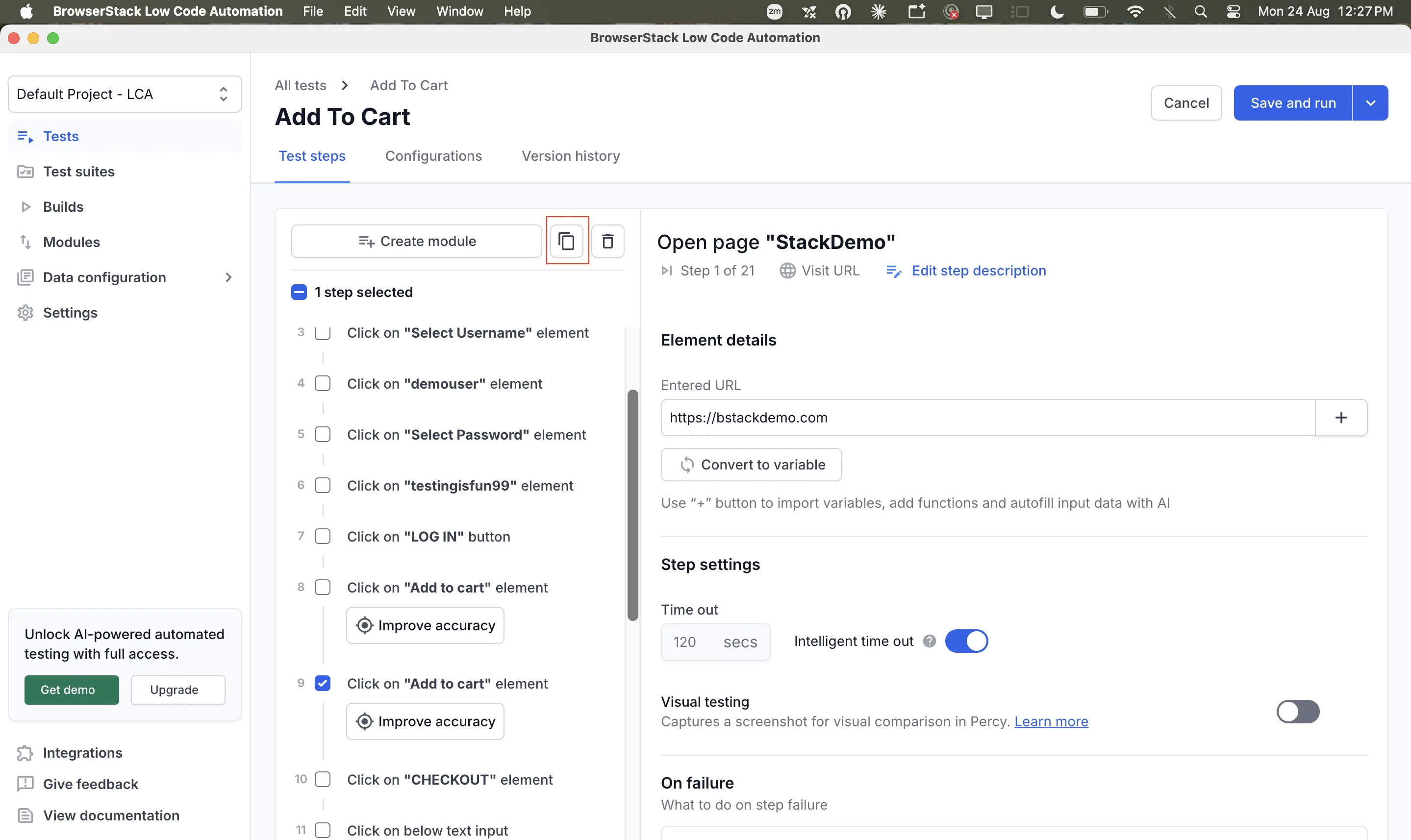 Test steps tab with one step selected and the copy icon in the toolbar above the step list