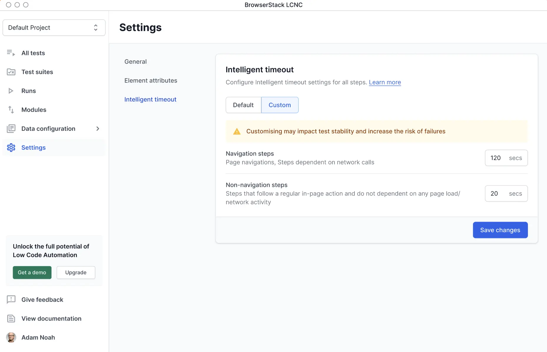 Intelligent timeout settings page with Custom mode selected showing timeout configurations for navigation and non-navigation steps