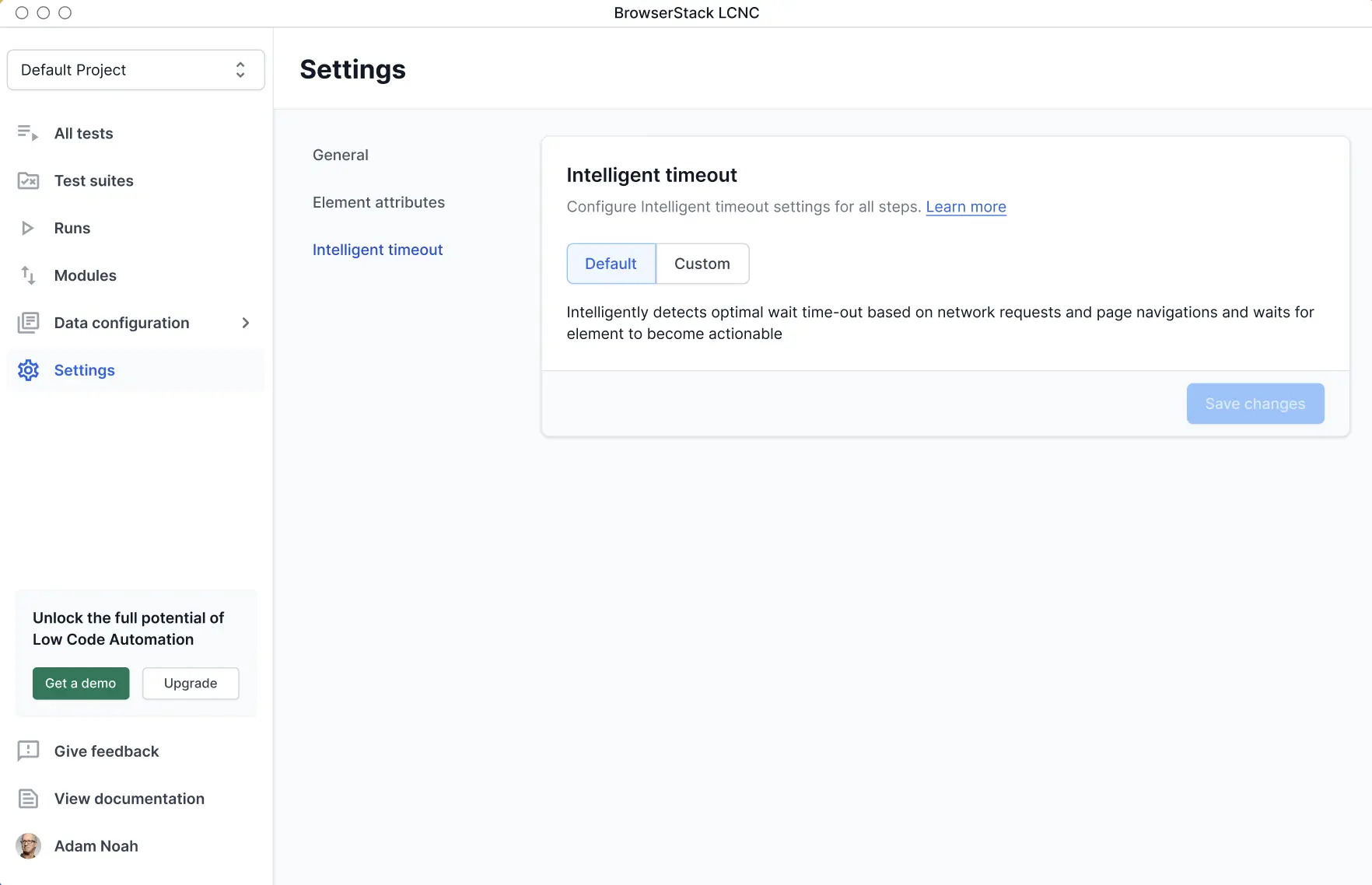 Intelligent timeout settings page with Default mode selected showing automatic timeout detection