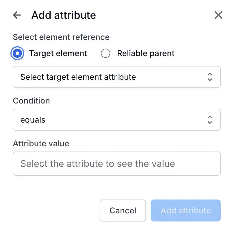 Displays the Add attribute window with reasons to select element