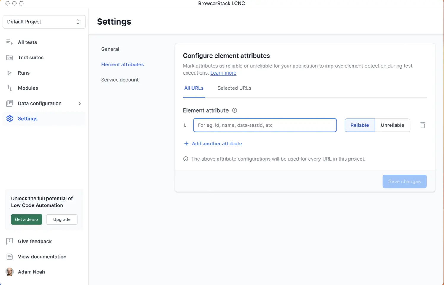Screenshot of the Element attribute configuration page with All URLs tab