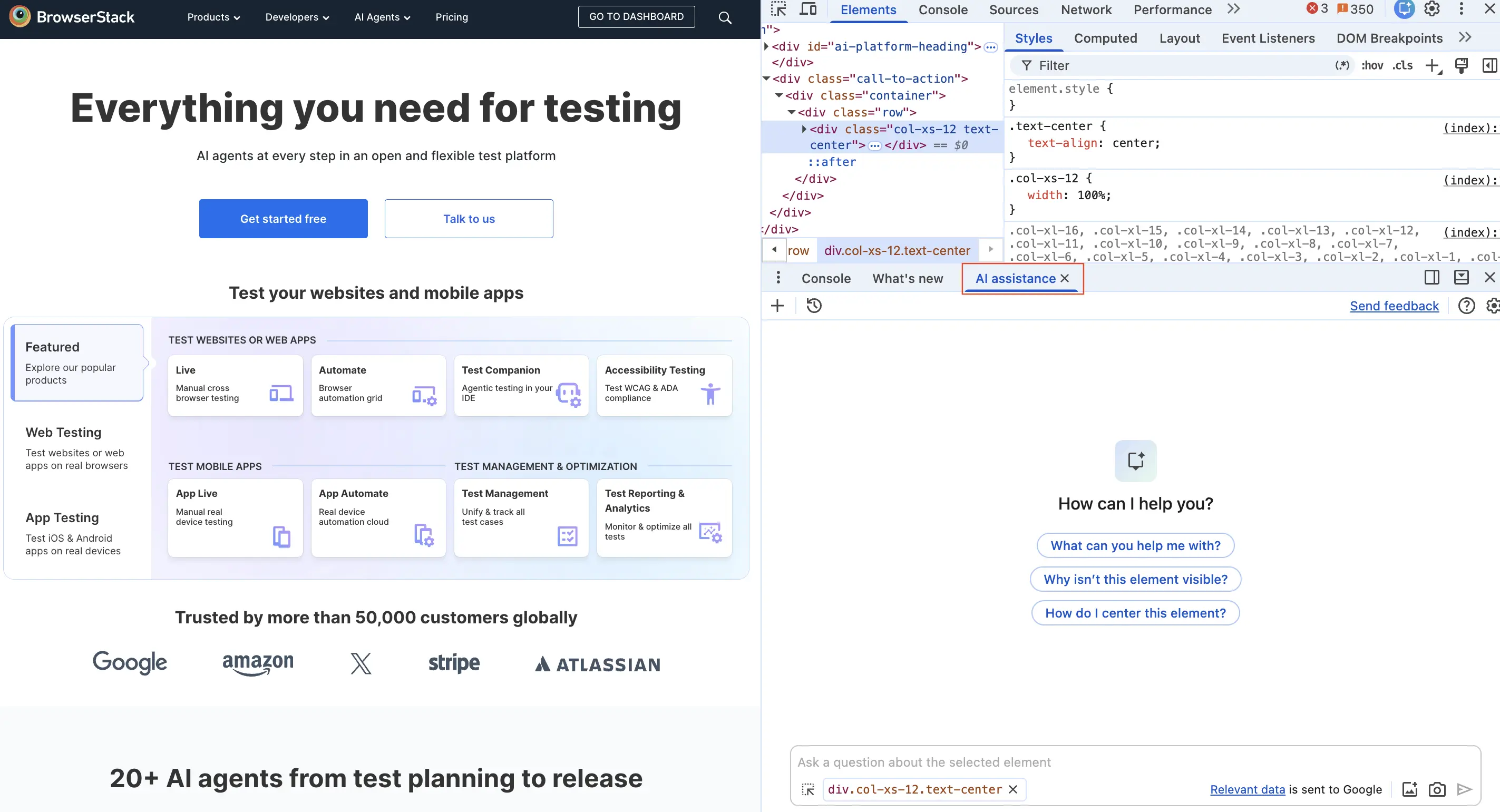 Open the AI assistance tab in Chrome DevTools