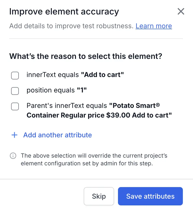 Displays the Improve element accuracy window with reasons to select element