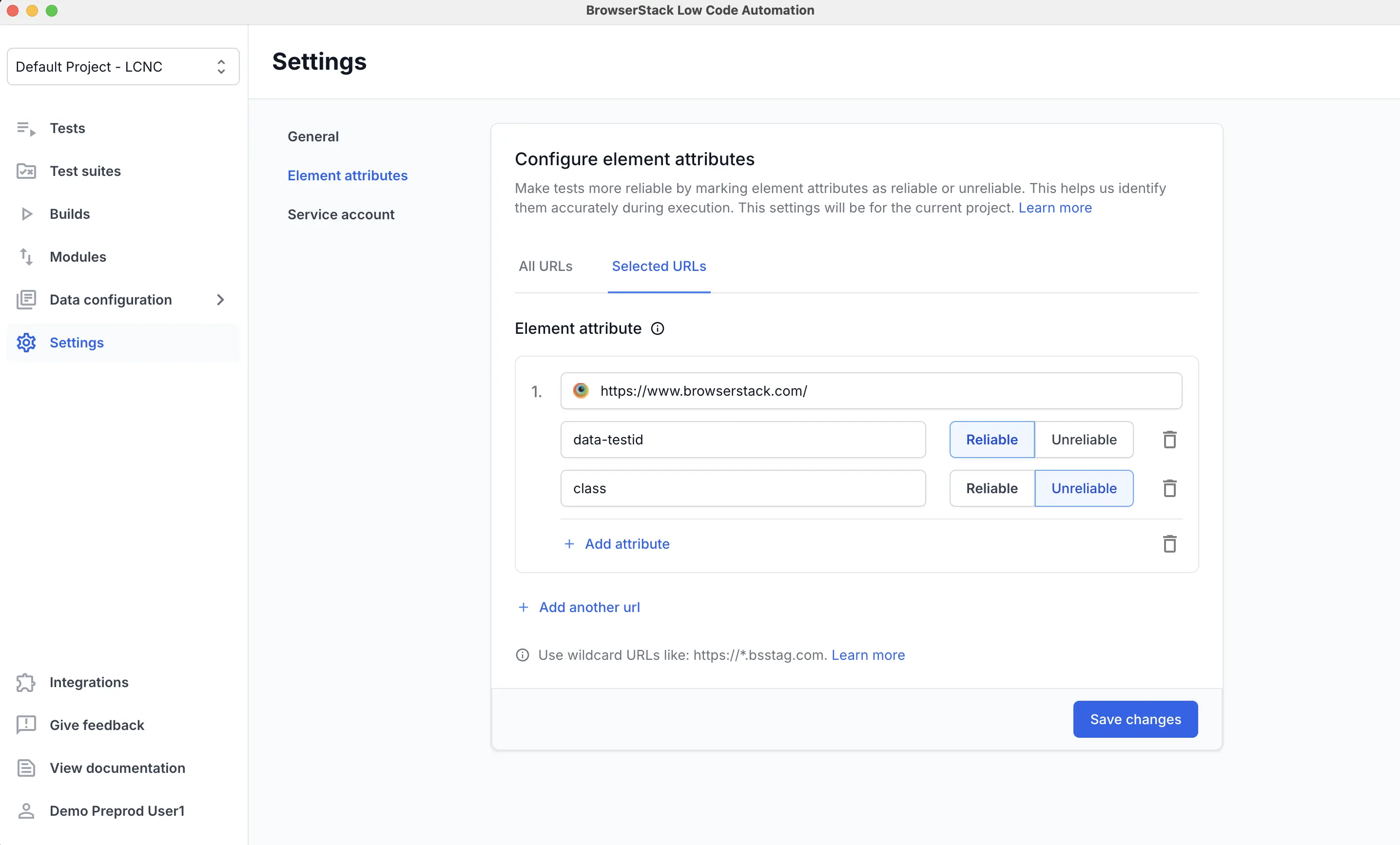 Screenshot of the Element attribute configuration page with Selected URLs tab