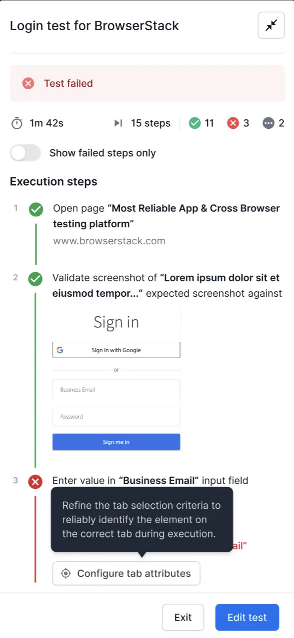 The test execution results showing a failed step with the Configure tab attributes button.