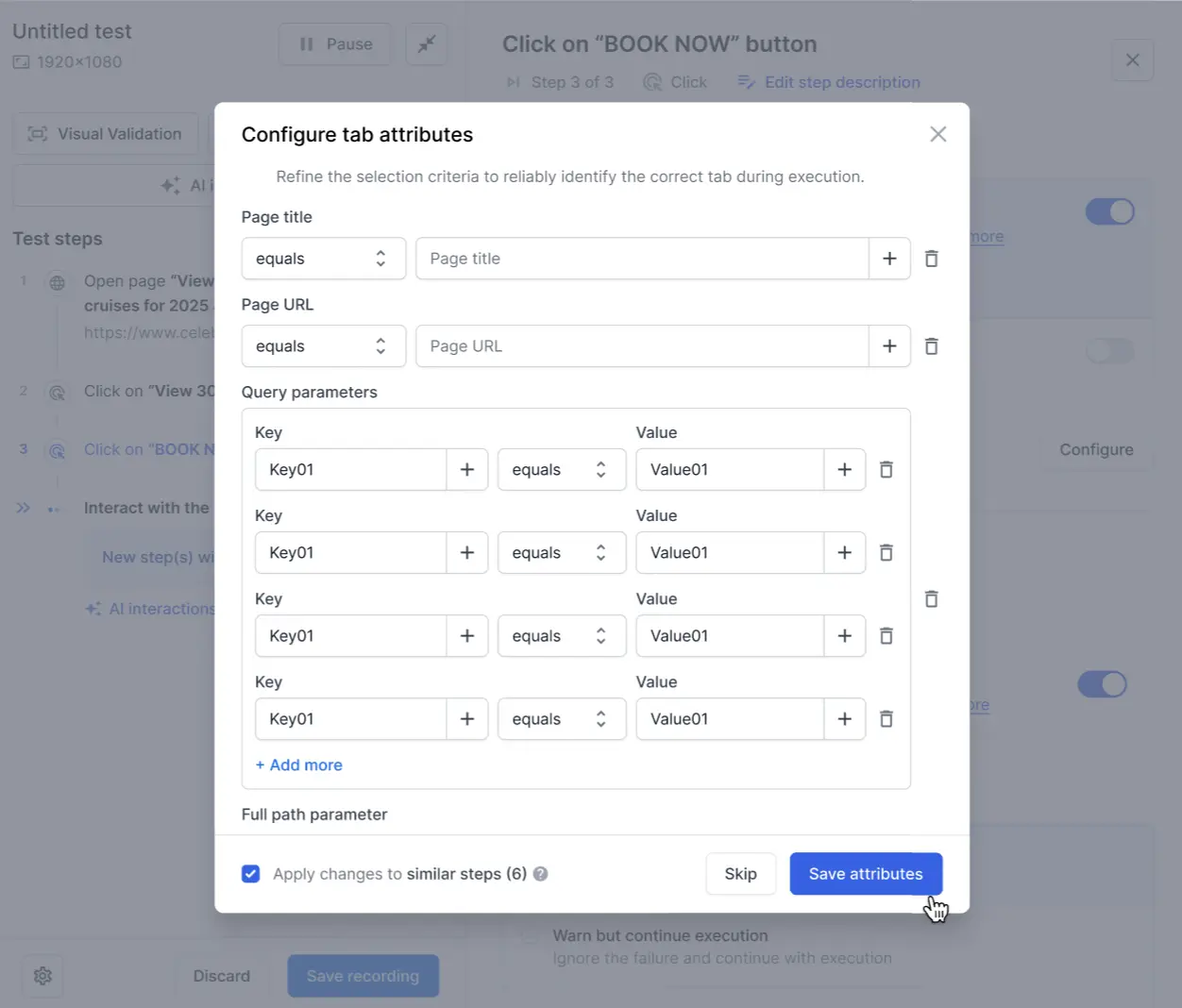The Configure tab attributes dialog in the test execution results view.