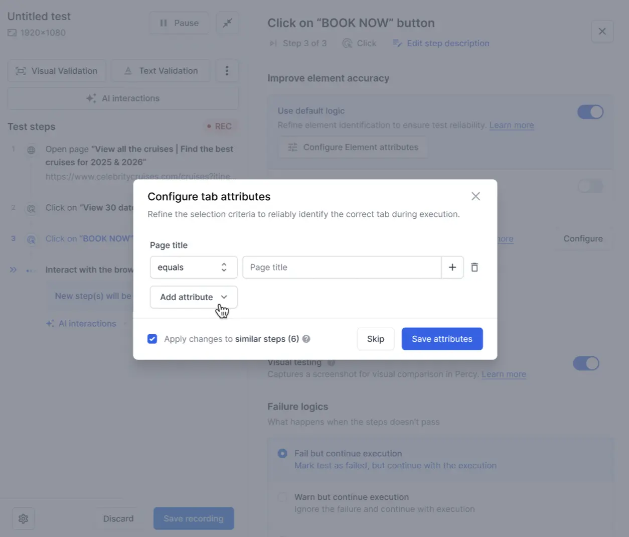 The Configure tab attributes dialog showing fields for Page title, Page URL, Query parameters, and Full path parameter.