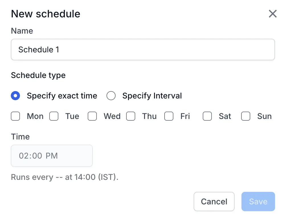 The New schedule dialog with fields for name, schedule type, days of the week, and execution time