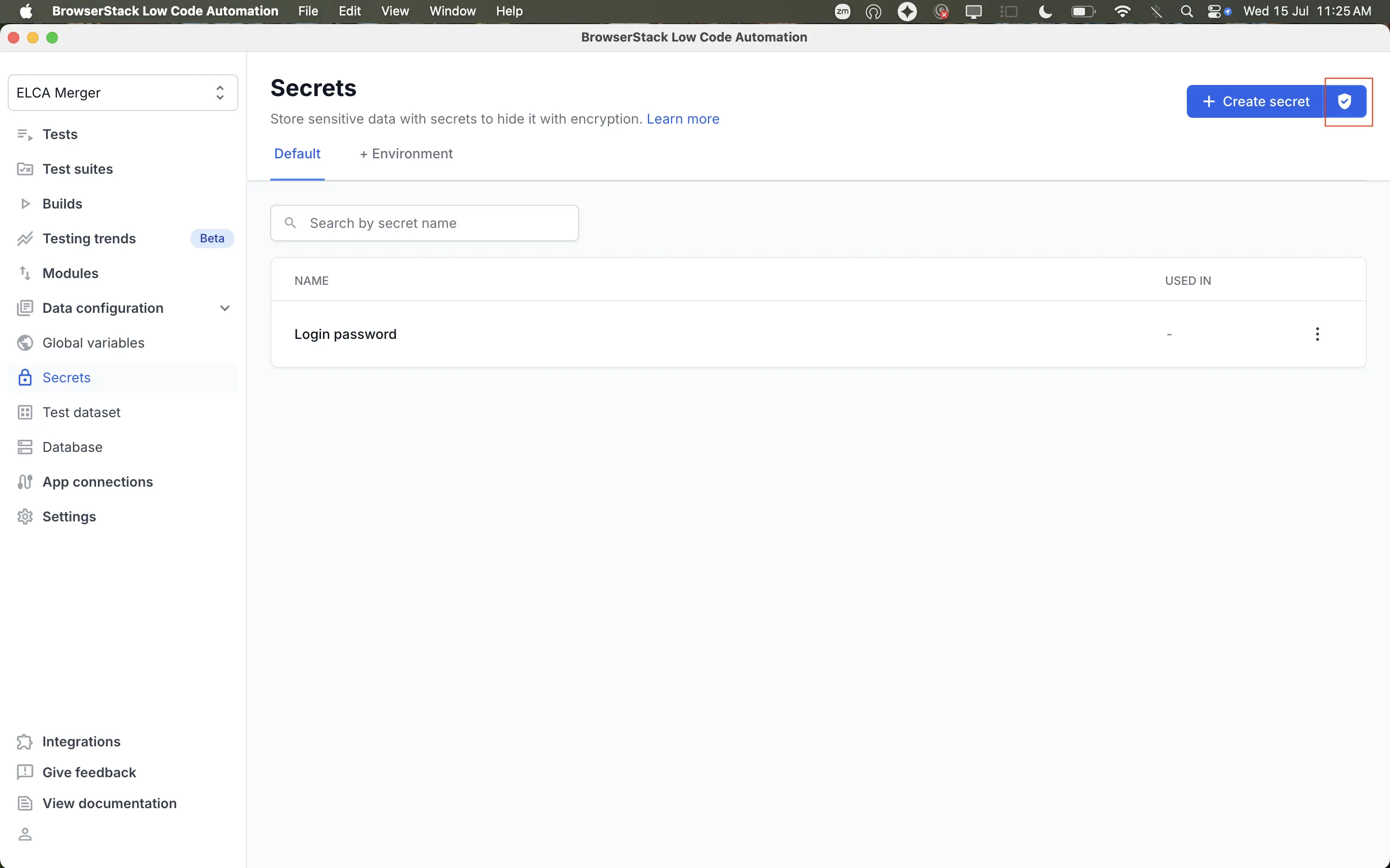 The shield icon next to the Create secret button on the Secrets page.