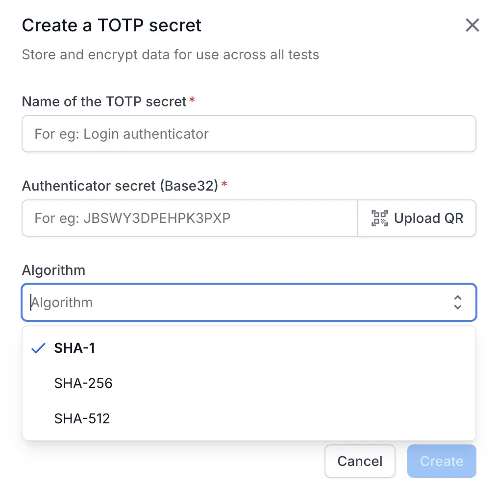 The Create a TOTP secret dialog with fields for the name, authenticator secret, and code settings.