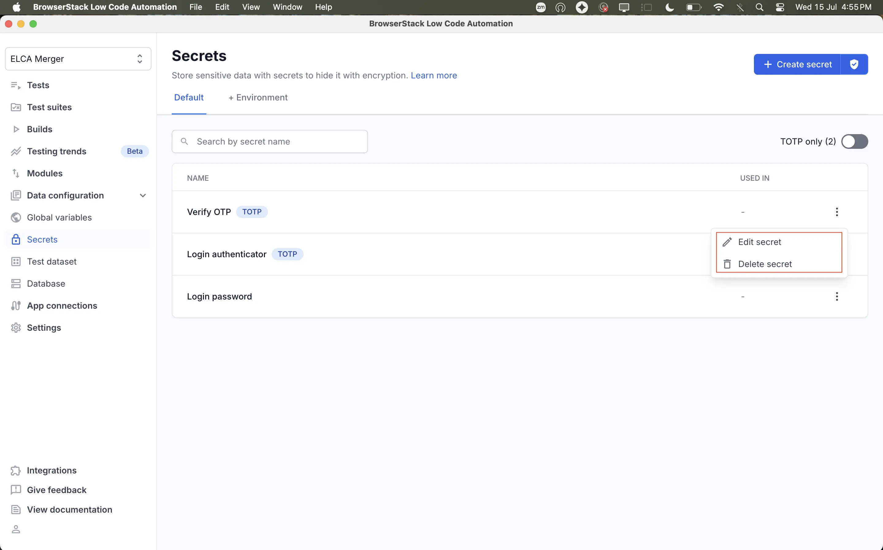 The row menu on the Secrets page showing the Edit secret and Delete secret options.