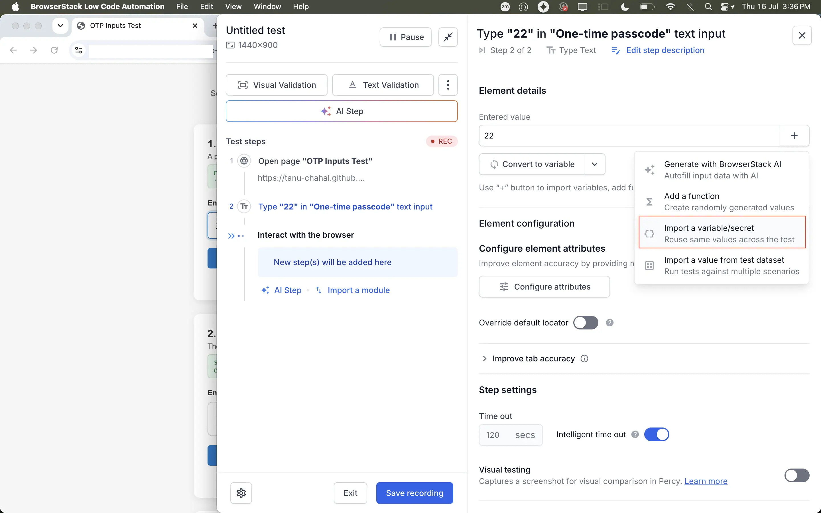 The step details panel with the Entered value menu open and Import a variable/secret highlighted.