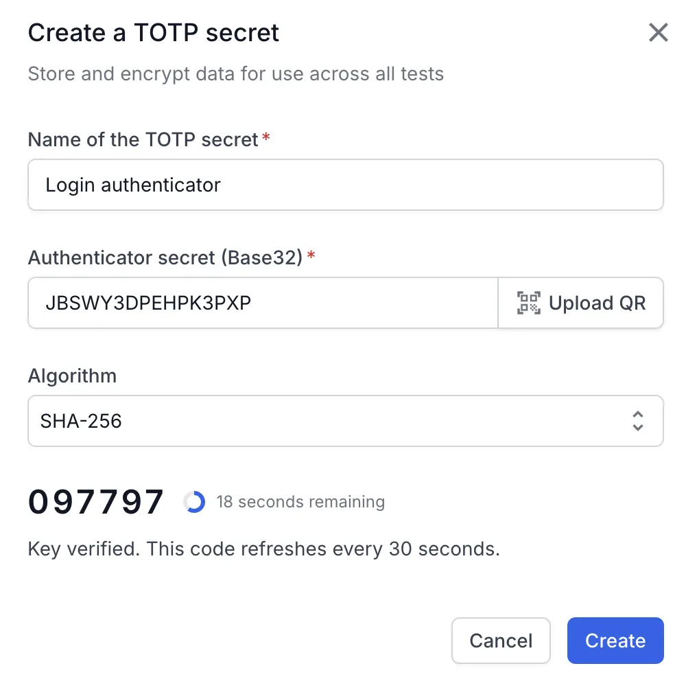 The Create a TOTP secret dialog showing a generated code with a refresh countdown.