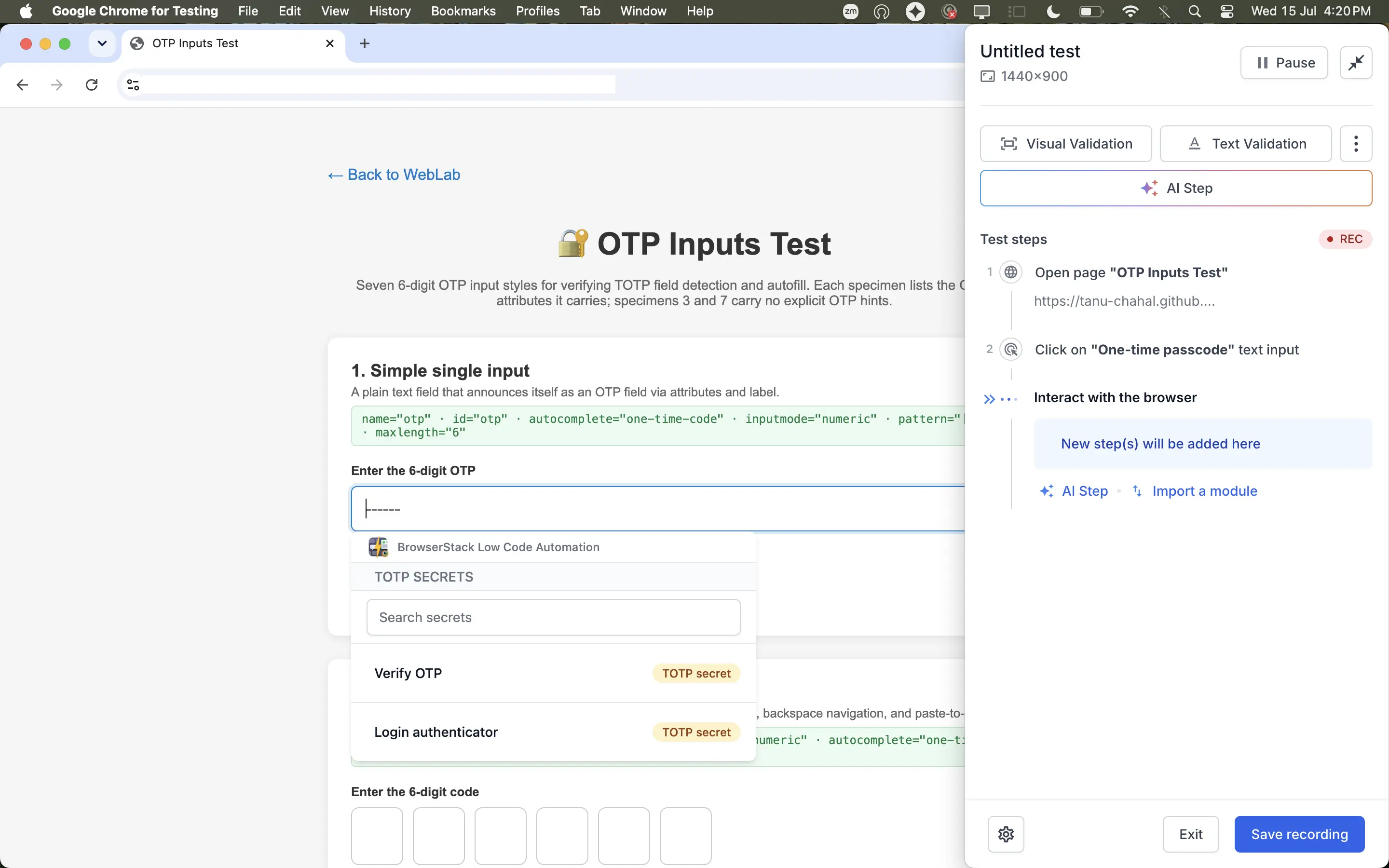 The TOTP secrets list open below a one-time passcode field, showing the Verify OTP and Login authenticator secrets.