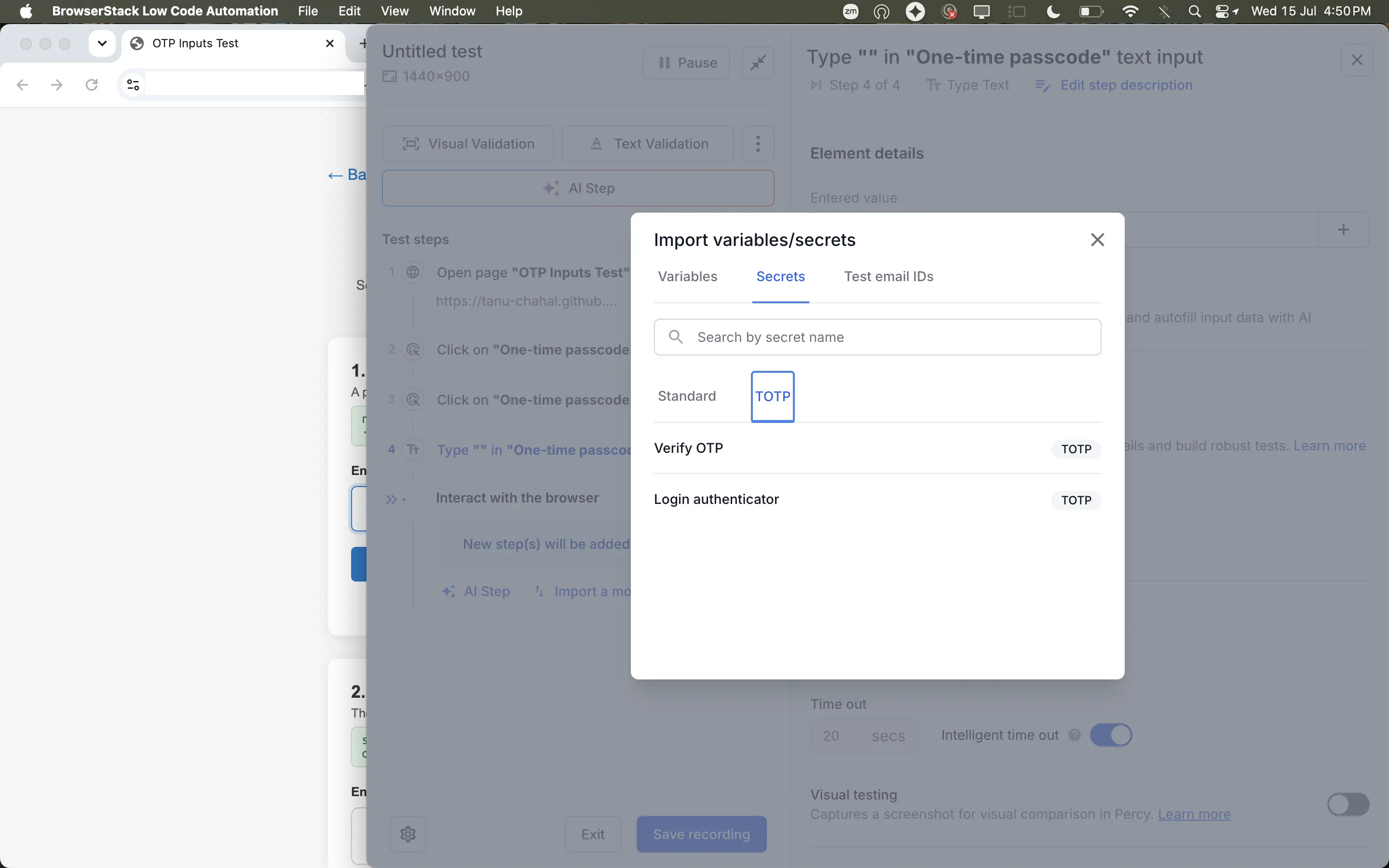The Import variables and secrets dialog with the TOTP tab selected under Secrets, listing the available TOTP secrets.