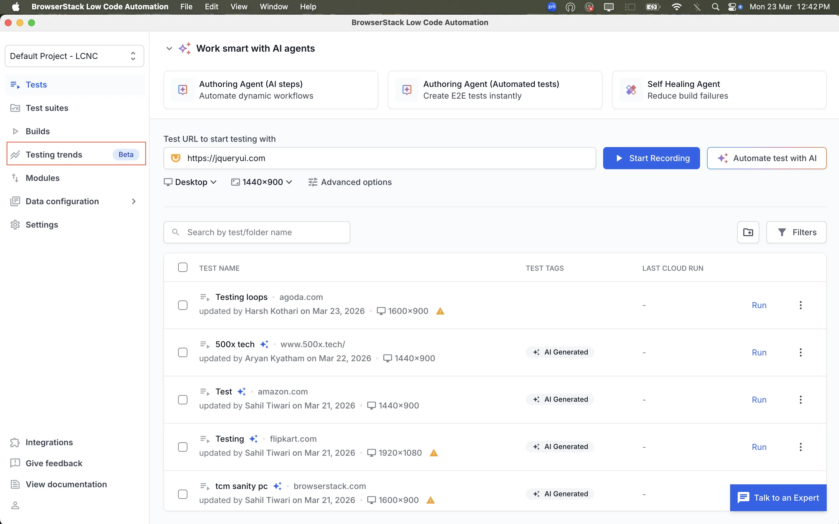 Click Testing Trends in the left navigation