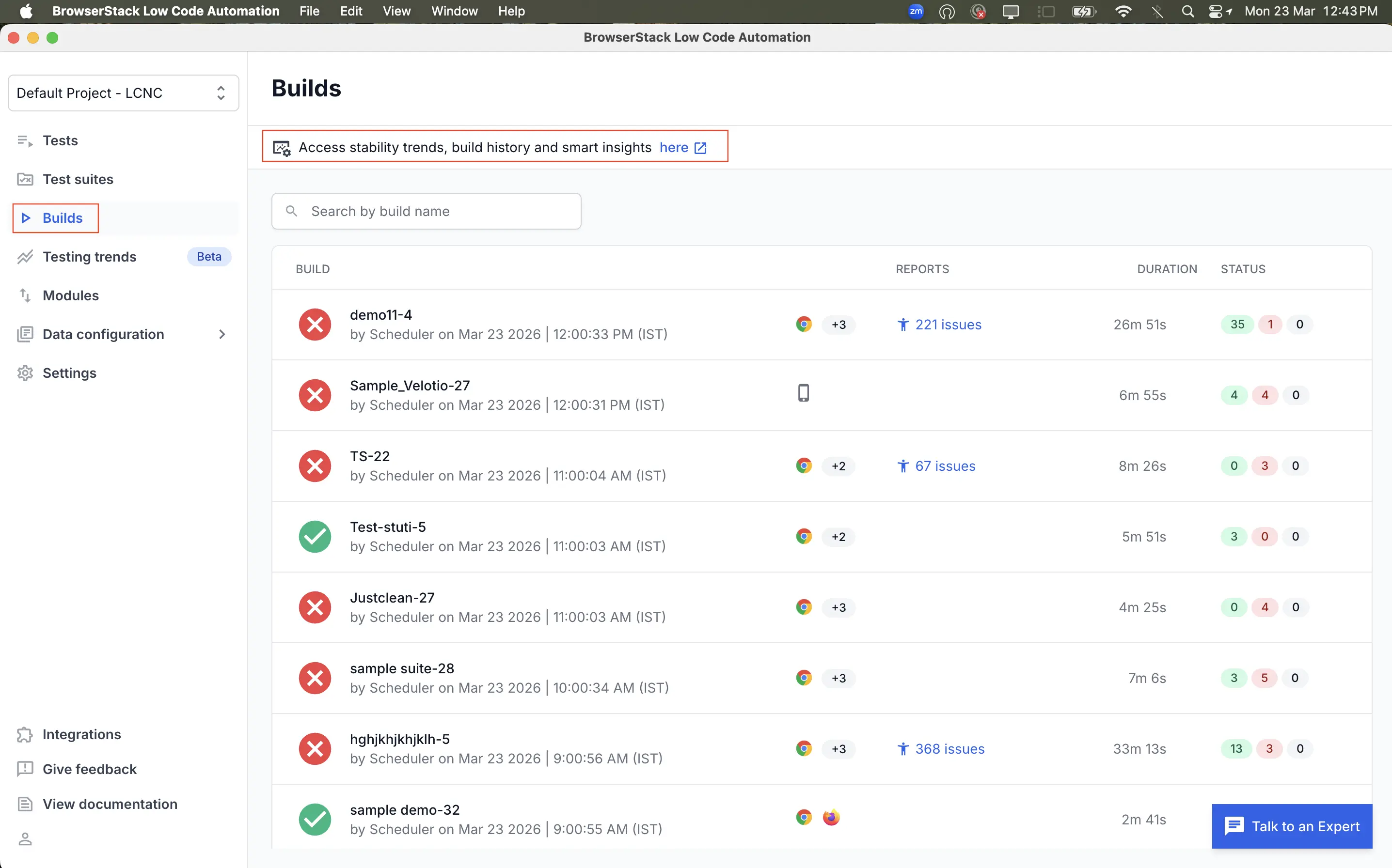 Access stability trends, build insights, and insights from Builds