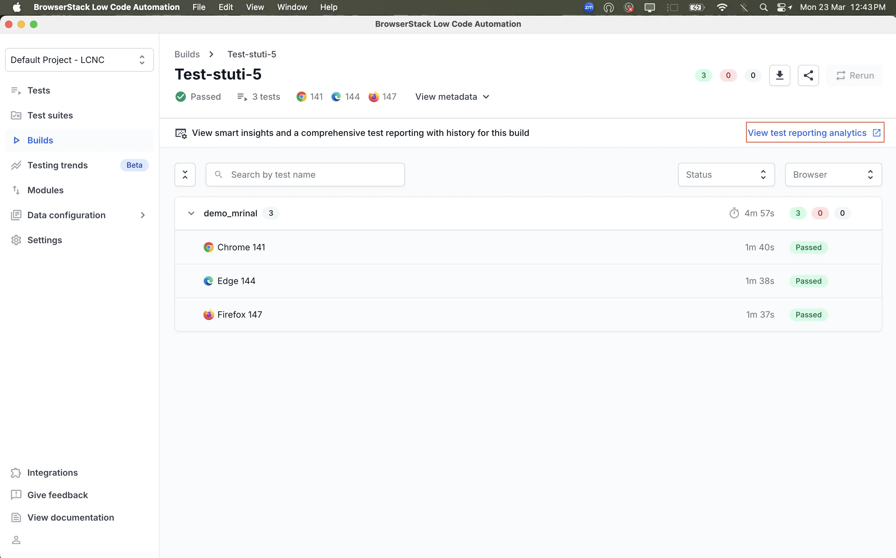 View test reporting analytics from a build