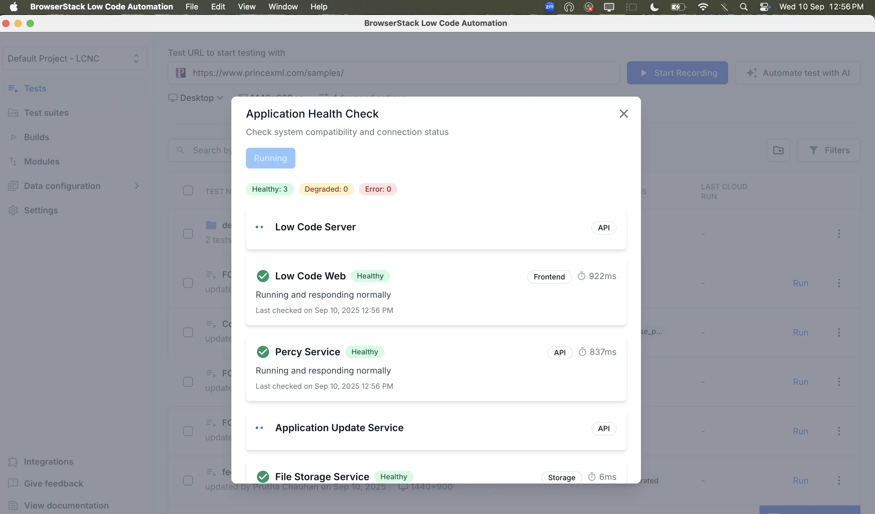 Screenshot showing health check results with a list of services including Low Code Server, Low Code Web, Percy Service, and others, each displaying green check marks for healthy status along with response times.